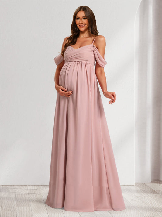 A-Line/Princess Cold Shoulder Chiffon Ruched Baby Shower Bridesmaid Dresses with Pleats