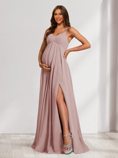 A-Line/Princess Spaghetti Straps Floor-Length Baby Shower Bridesmaid Dresses with Split Side & Pleats