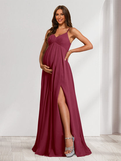 A-Line/Princess Spaghetti Straps Floor-Length Baby Shower Bridesmaid Dresses with Split Side & Pleats