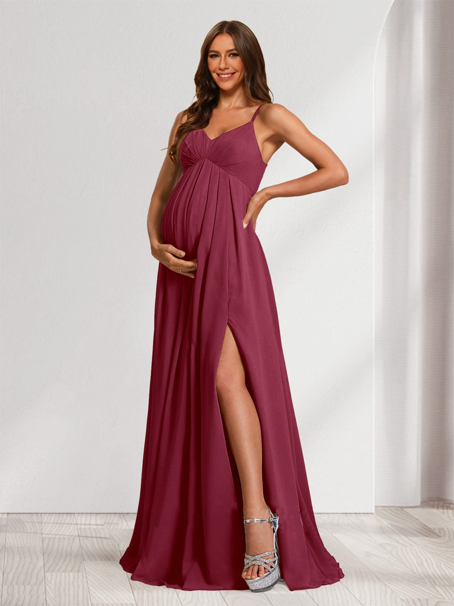 A-Line/Princess Spaghetti Straps Floor-Length Baby Shower Bridesmaid Dresses with Split Side & Pleats