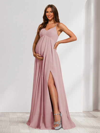 A-Line/Princess Spaghetti Straps Floor-Length Baby Shower Bridesmaid Dresses with Split Side & Pleats