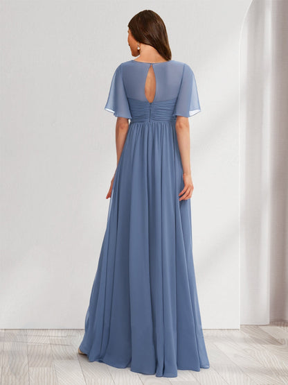 A-Line/Princess V-Neck Short Sleeves Chiffon Baby Shower Bridesmaid Dresses with Ruffles & Pleats