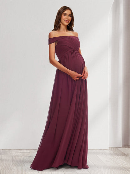 A-Line/Princess Off-the-Shoulder Floor-Length Pleated Baby Shower Bridesmaid Dresses with Split Side