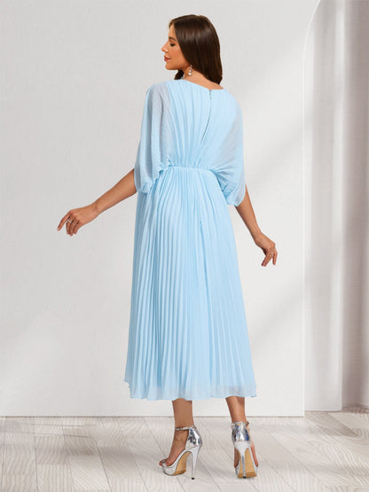 A-Line/Princess V-Neck Half Sleeves Ruched Elegant Baby Shower Bridesmaid Dresses with Pleats