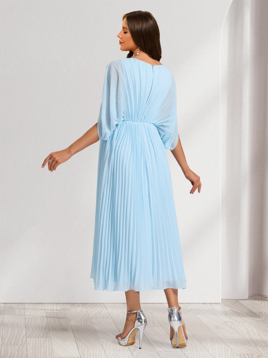 A-Line/Princess V-Neck Half Sleeves Ruched Elegant Baby Shower Bridesmaid Dresses with Pleats