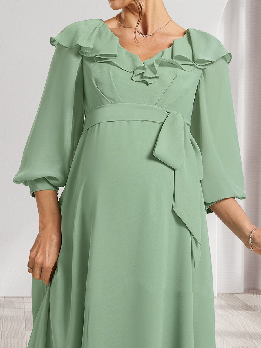 A-Line/Princess V-Neck Long Sleeves Baby Shower Bridesmaid Dresses with Ruffles & Bow