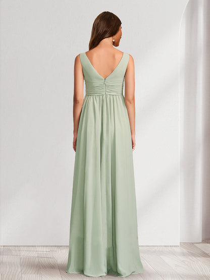 A-Line/Princess V-Neck Ruched Floor-Length Baby Shower Bridesmaid Dresses with Pleats