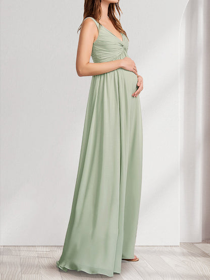 A-Line/Princess V-Neck Ruched Floor-Length Baby Shower Bridesmaid Dresses with Pleats