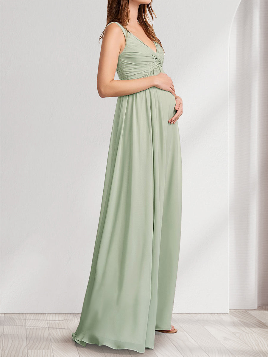 A-Line/Princess V-Neck Ruched Floor-Length Baby Shower Bridesmaid Dresses with Pleats