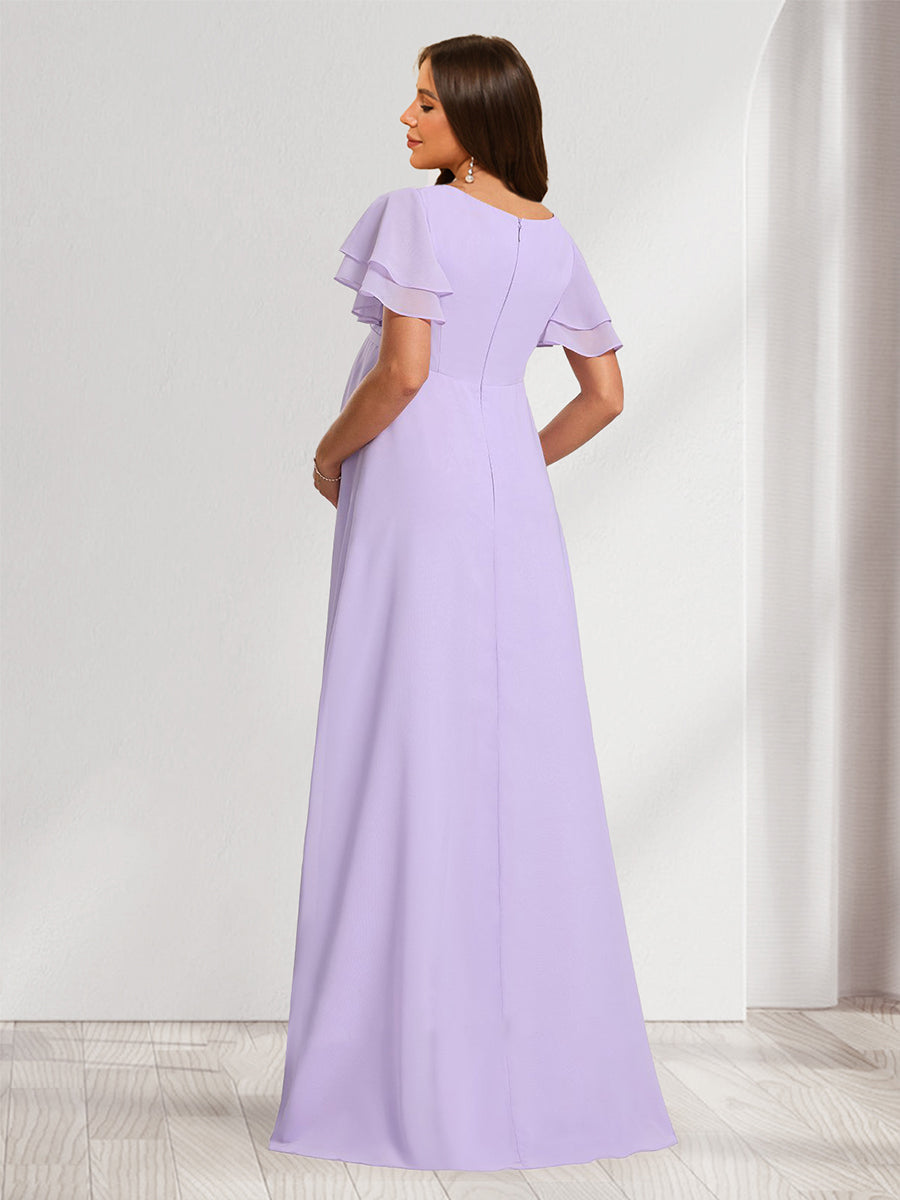 A-Line/Princess V-Neck Ruched Chiffon Baby Shower Bridesmaid Dresses with Pleats & Ruffles