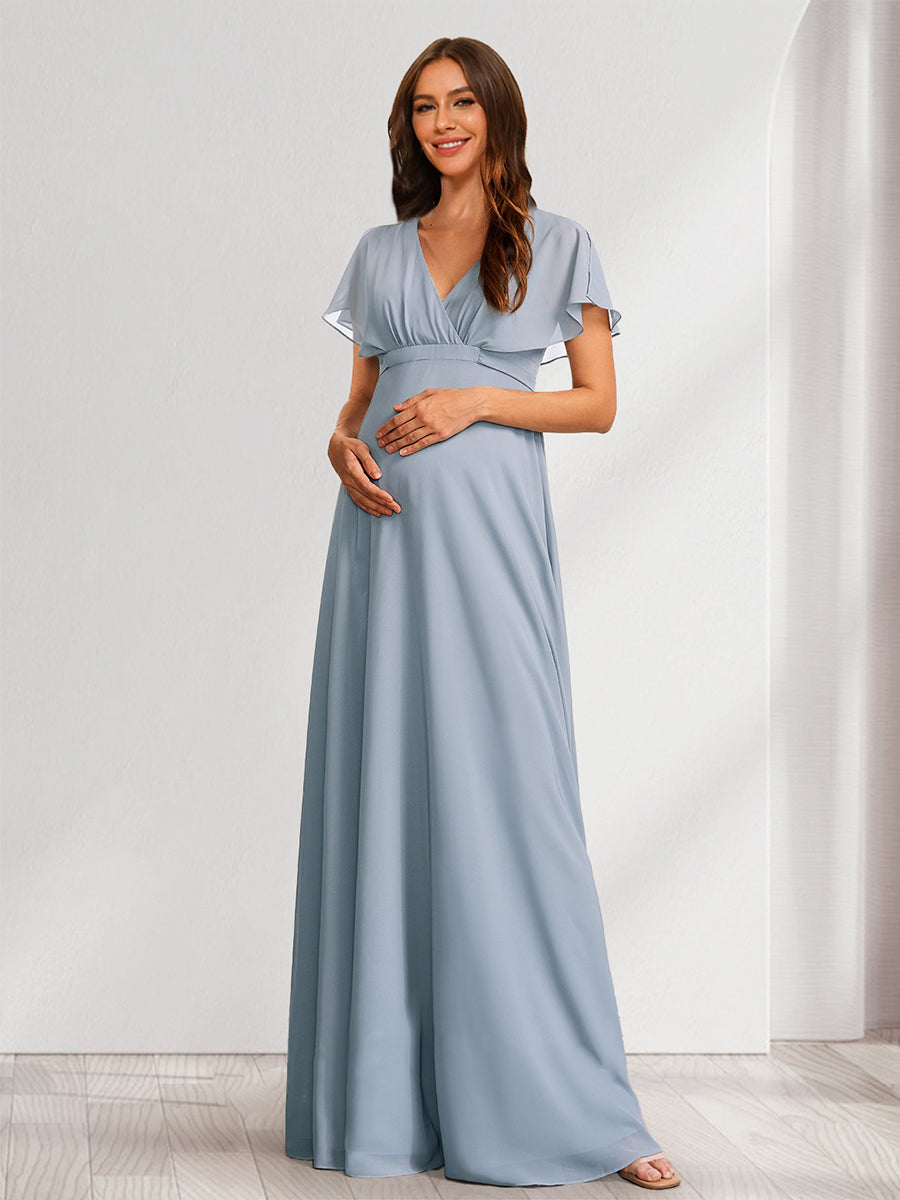 A-Line/Princess V-Neck Flutter Sleeves Baby Shower Bridesmaid Dresses with Bow & Ruffles