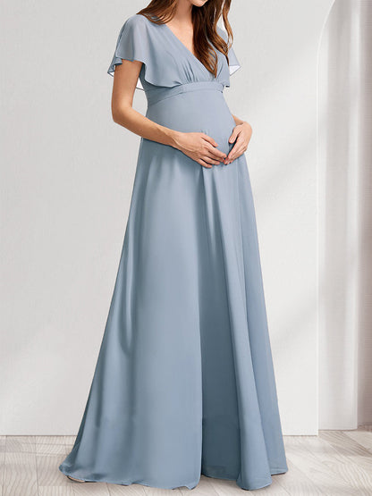 A-Line/Princess V-Neck Flutter Sleeves Baby Shower Bridesmaid Dresses with Bow & Ruffles