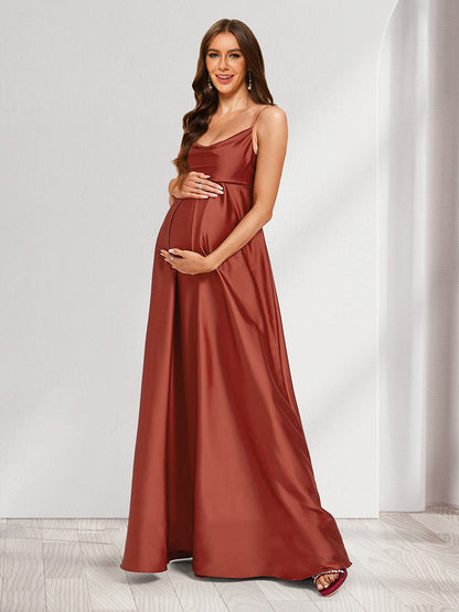 A-Line/Princess Cowl Neck Sleeveless Floor-Length Baby Shower Bridesmaid Dresses with Pleats
