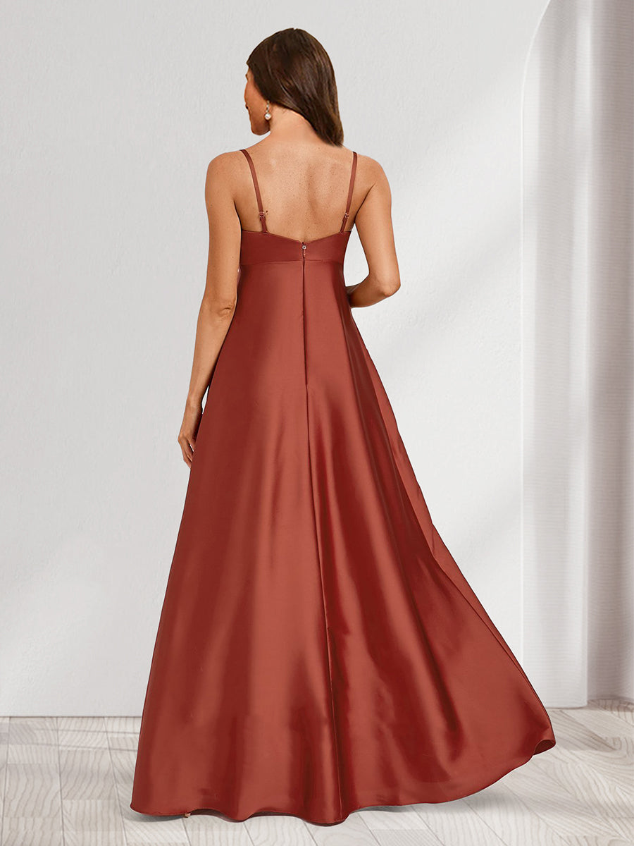 A-Line/Princess Cowl Neck Sleeveless Floor-Length Baby Shower Bridesmaid Dresses with Pleats