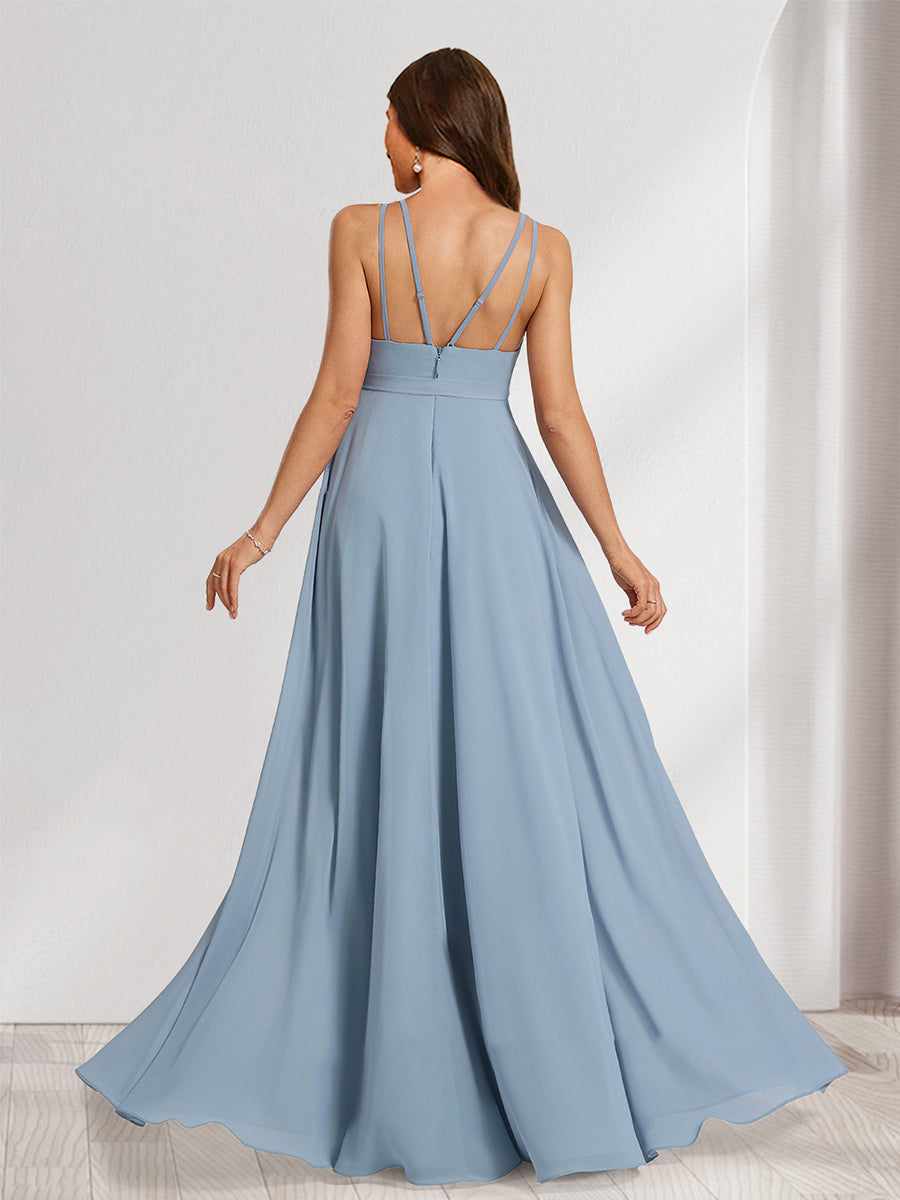 A-Line/Princess Halter Sleeveless Floor-Length Baby Shower Bridesmaid Dresses with Bow & Pleats