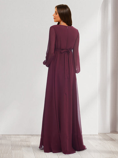 A-Line/Princess V-Neck Long Sleeves Chiffon Baby Shower Bridesmaid Dresses with Split Side