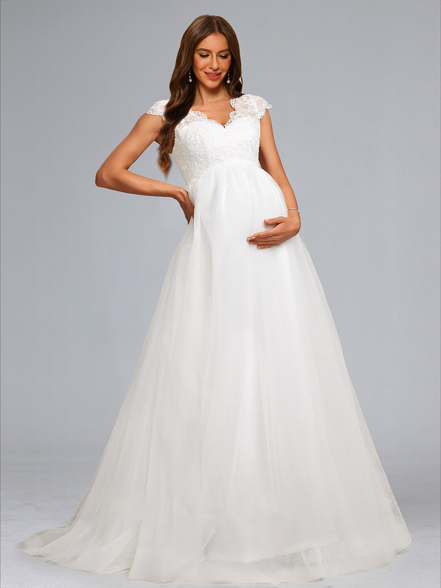 A-Line/Princess V-Neck Long Tulle Luxurious Maternity Dresses with Appliques