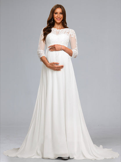 A-Line/Princess Scoop 3/4 Sleeves Chiffon Maternity Dresses with Lace Appliques