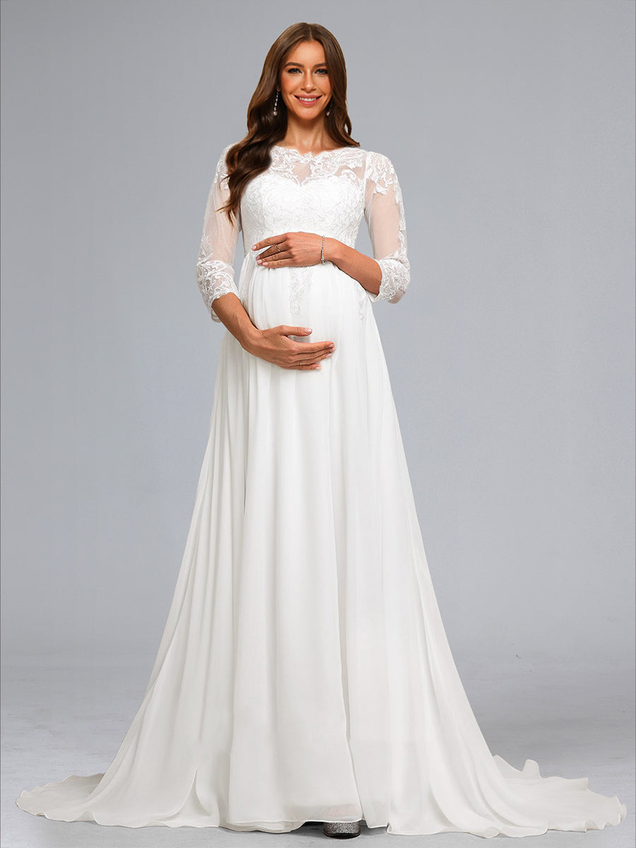 A-Line/Princess Scoop 3/4 Sleeves Chiffon Maternity Dresses with Lace Appliques
