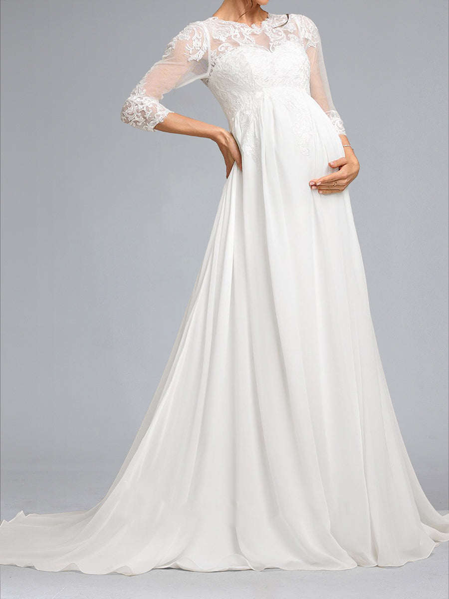 A-Line/Princess Scoop 3/4 Sleeves Chiffon Maternity Dresses with Lace Appliques