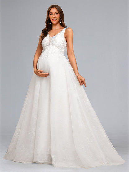 Ball Gown V-Neck Sleeveless Long Elegant Maternity Dresses with Appliques