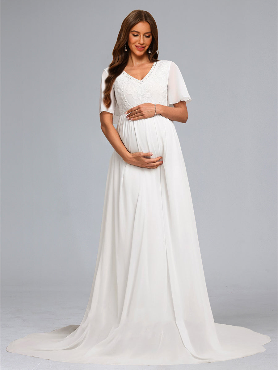 A-Line/Princess V-Neck Short Sleeves Maternity Dresses with Embroidery Appliques
