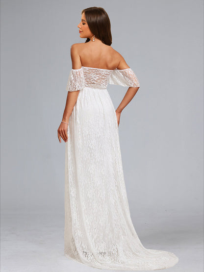 A-Line/Princess Strapless Short Sleeves Ruched Lace Maternity Dresses with Appliques