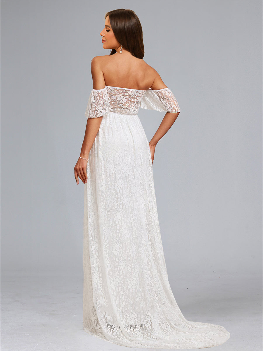 A-Line/Princess Strapless Short Sleeves Ruched Lace Maternity Dresses with Appliques