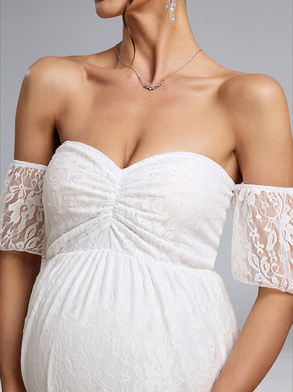 A-Line/Princess Strapless Short Sleeves Ruched Lace Maternity Dresses with Appliques