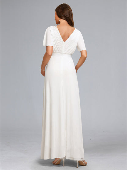 A-Line/Princess V-Neck Ruched Floor-Length Maternity Dresses with Ruffles