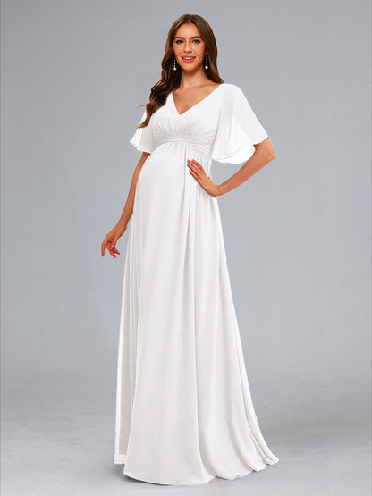 A-Line/Princess V-Neck Ruched Flutter Sleeves Long Maternity Dresses with Ruffles