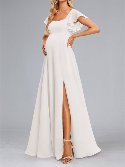 Chiffon A-Line/Princess Square Neck Maternity Dresses with Ruffles & Split Side