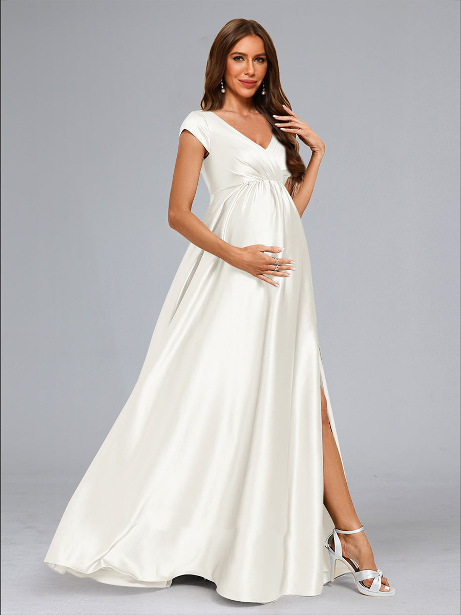 A-Line/Princess V-Neck Cap Sleeves Luxurious Maternity Dresses with Split Side
