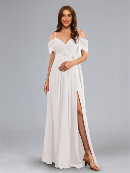 A-Line/Princess Cold Shoulder Ruched Floor-Length Maternity Dresses with Side Slit & Sash