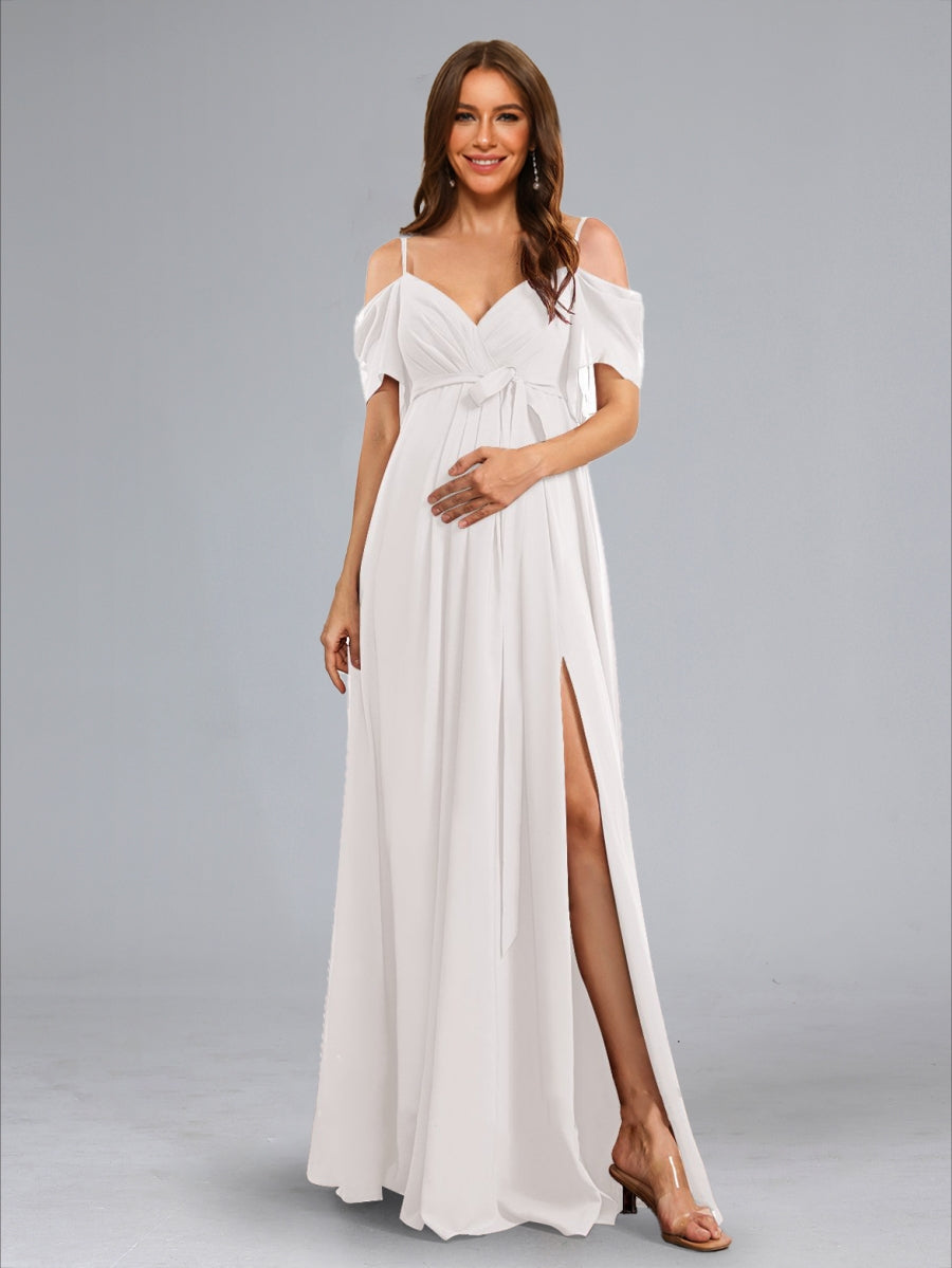 A-Line/Princess Cold Shoulder Ruched Floor-Length Maternity Dresses with Side Slit & Sash