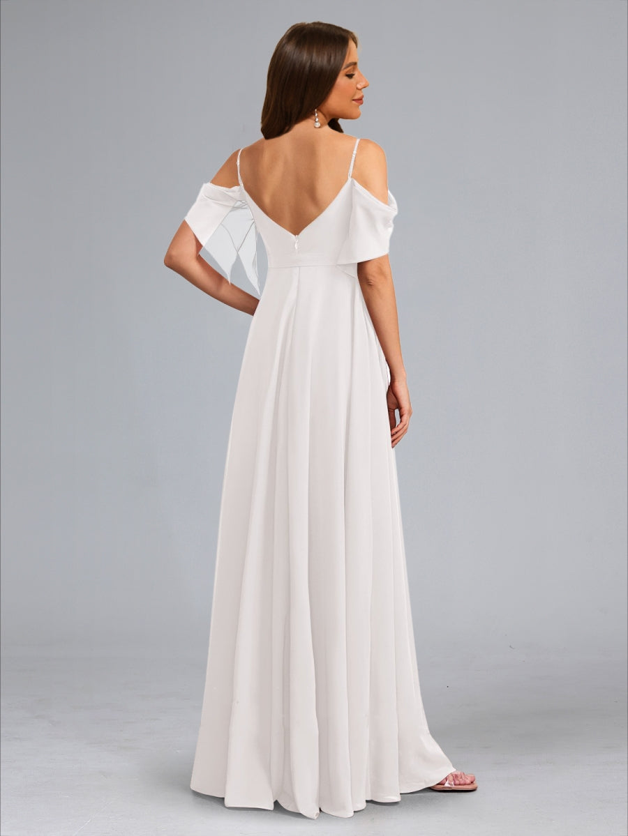 A-Line/Princess Cold Shoulder Ruched Floor-Length Maternity Dresses with Side Slit & Sash