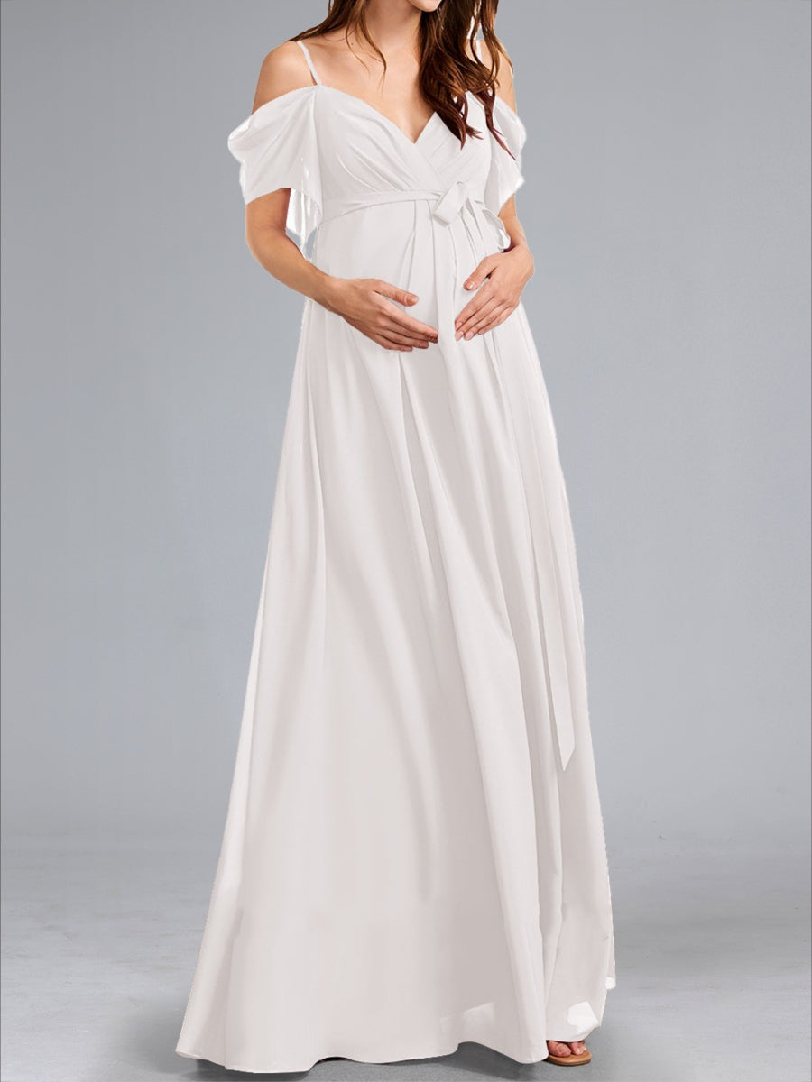 A-Line/Princess Cold Shoulder Ruched Floor-Length Maternity Dresses with Side Slit & Sash