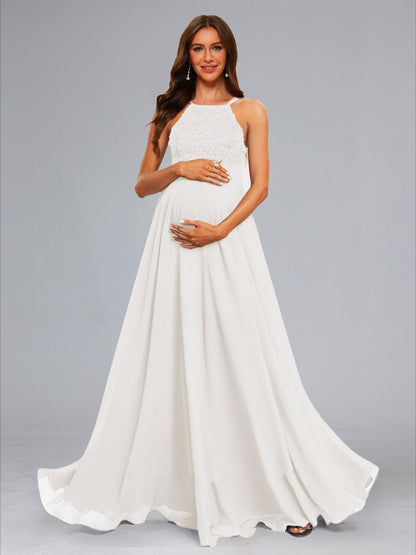 Chiffon A-Line/Princess Halter Sleeveless Floor-Length Maternity Dresses with Lace