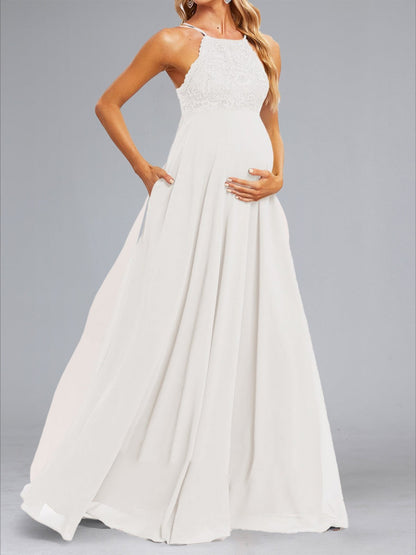 Chiffon A-Line/Princess Halter Sleeveless Floor-Length Maternity Dresses with Lace