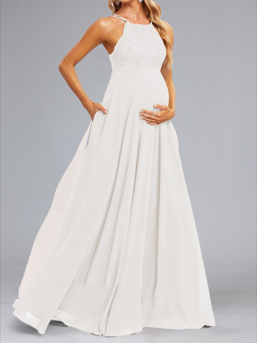 Chiffon A-Line/Princess Halter Sleeveless Floor-Length Maternity Dresses with Lace