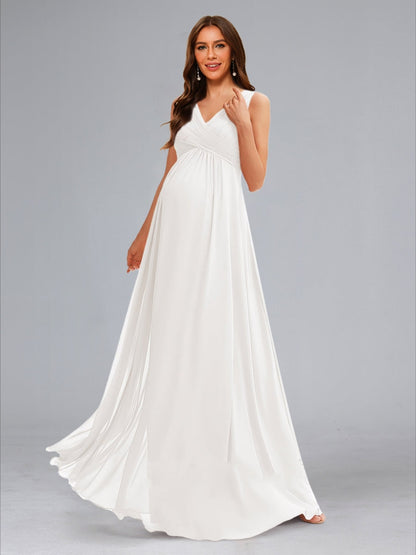 A-Line/Princess Ruched V-Neck Sleeveless Floor-Length Maternity Dresses with Pleats
