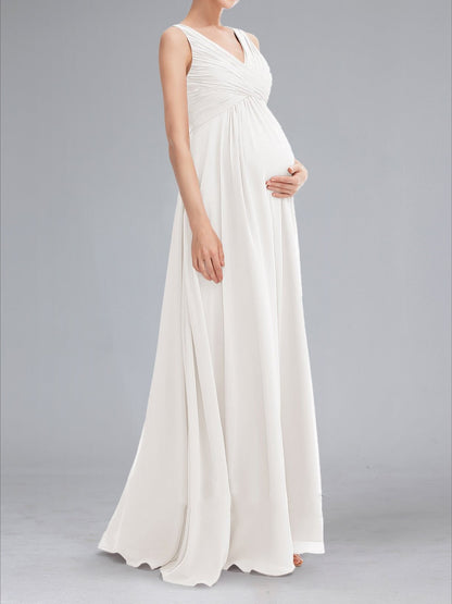 A-Line/Princess Ruched V-Neck Sleeveless Floor-Length Maternity Dresses with Pleats