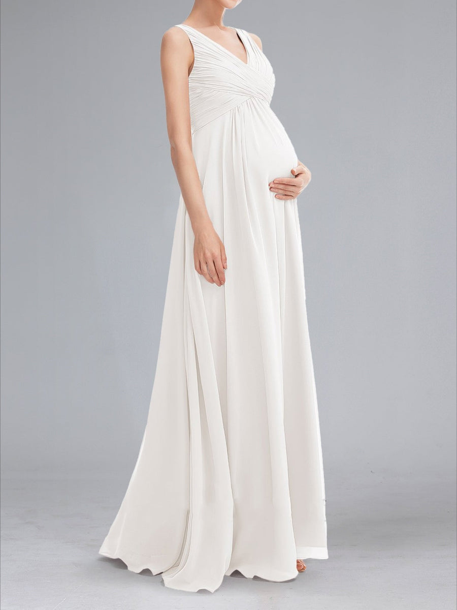 A-Line/Princess Ruched V-Neck Sleeveless Floor-Length Maternity Dresses with Pleats