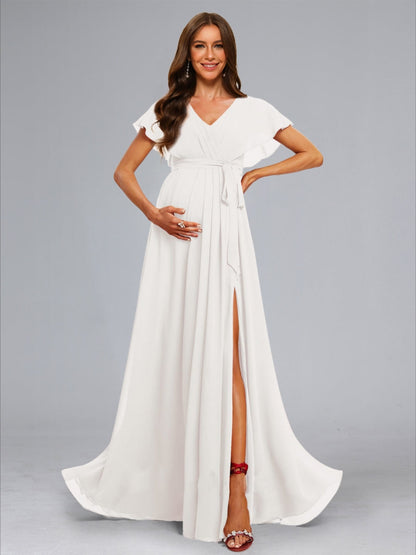 A-Line/Princess V-Neck Flutter Sleeves Ruched Elegant Maternity Dresses with Sash & Split Side