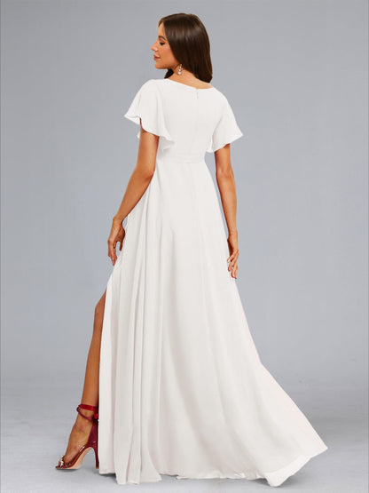 A-Line/Princess V-Neck Flutter Sleeves Ruched Elegant Maternity Dresses with Sash & Split Side