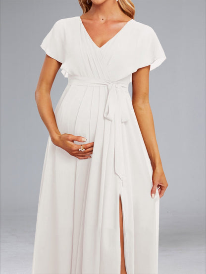 A-Line/Princess V-Neck Flutter Sleeves Ruched Elegant Maternity Dresses with Sash & Split Side