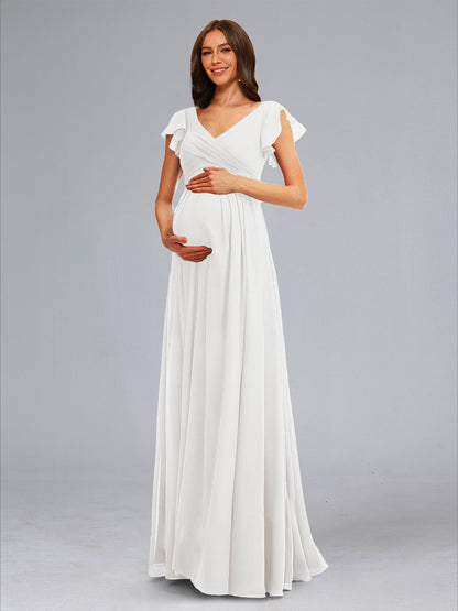 A-Line/Princess V-Neck Short Sleeves Ruched Floor-Length Maternity Dresses