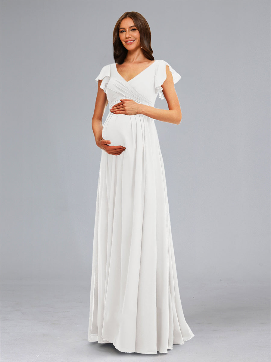 A-Line/Princess V-Neck Short Sleeves Ruched Floor-Length Maternity Dresses