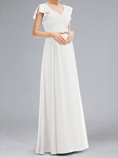 A-Line/Princess V-Neck Short Sleeves Ruched Floor-Length Maternity Dresses