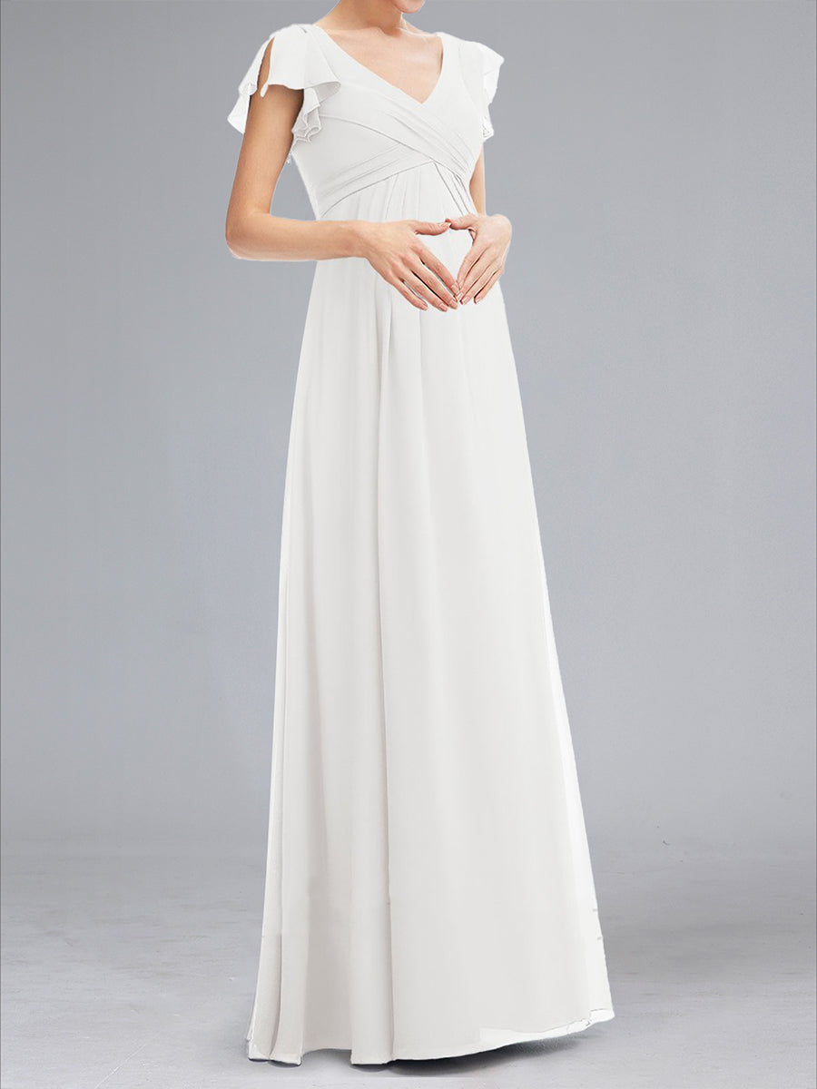 A-Line/Princess V-Neck Short Sleeves Ruched Floor-Length Maternity Dresses
